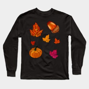 Autumn thanksgiving acorn, pumpkin, maple leaf decorations for  Fall Autumn leaves sticker pack pattern Long Sleeve T-Shirt